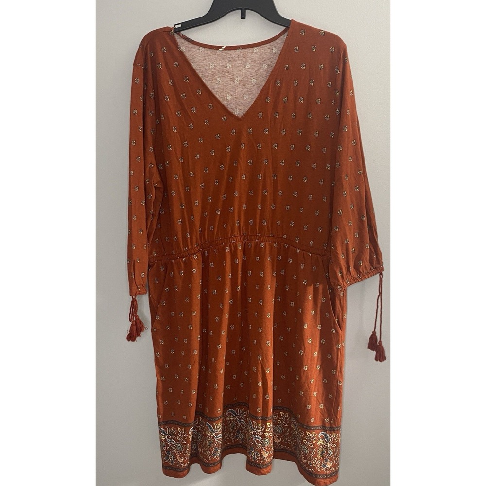 Garnet Hill V Neck Women's‎ Dress Sz XL Organic Cotton Stretchy Tassel Boho